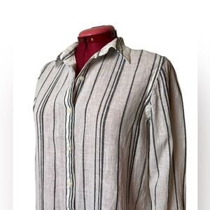 Chaps Petite classic linen and cotton blend button-up blouse vertical stripes